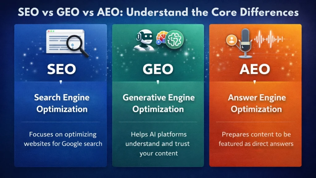 SEO, GEO, and AEO comparison