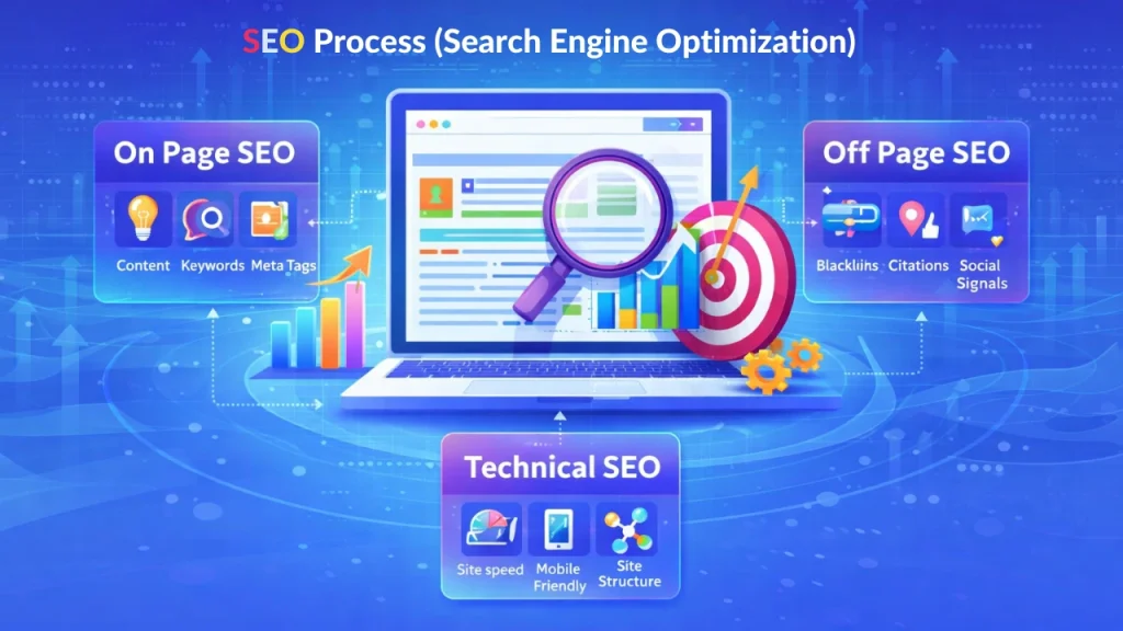 SEO process showing on page SEO off page SEO and technical SEO